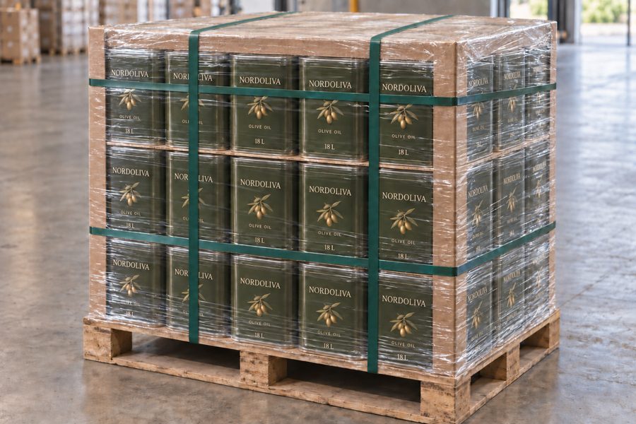 Nordoliva Extra Virgin Olive Oil — 18L tins, palletised