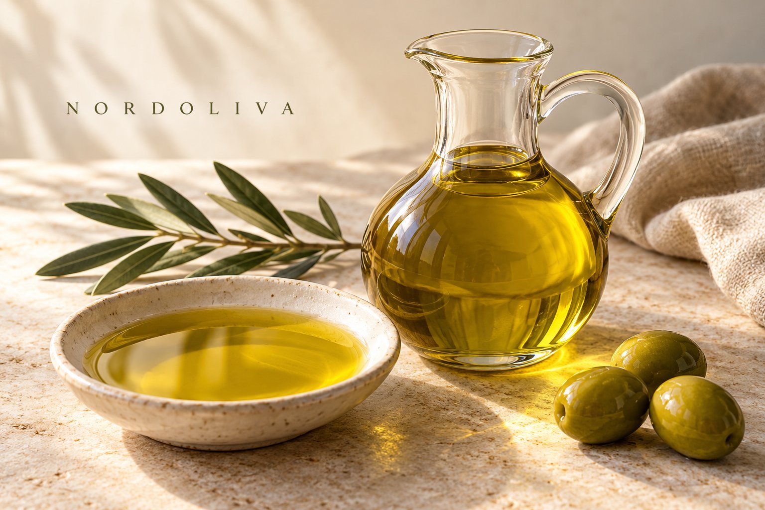 Nordoliva Extra Virgin Olive Oil — poured, golden colour
