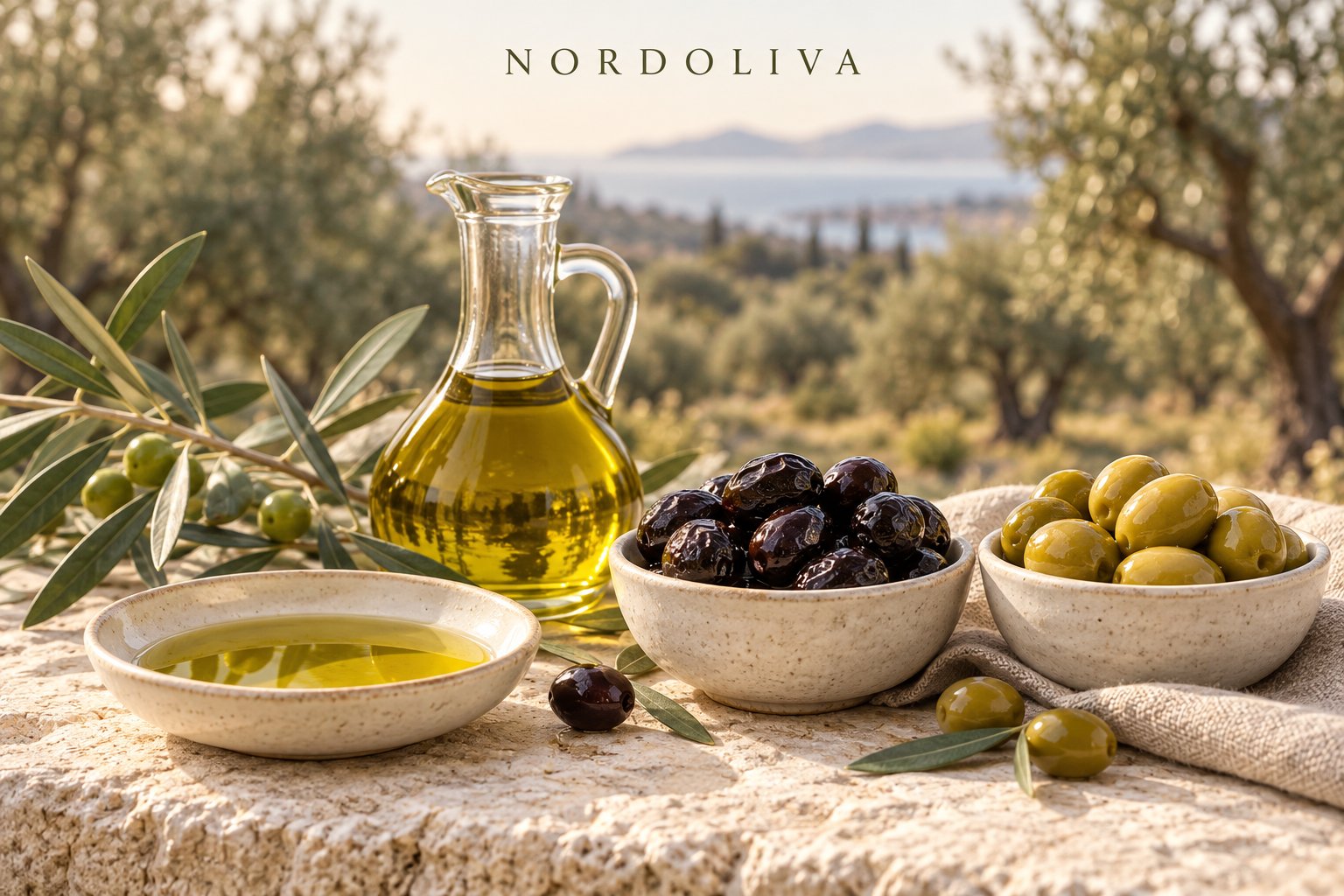 Nordoliva Certified Organic Line — extra virgin olive oil and Gemlik table olives, grove setting